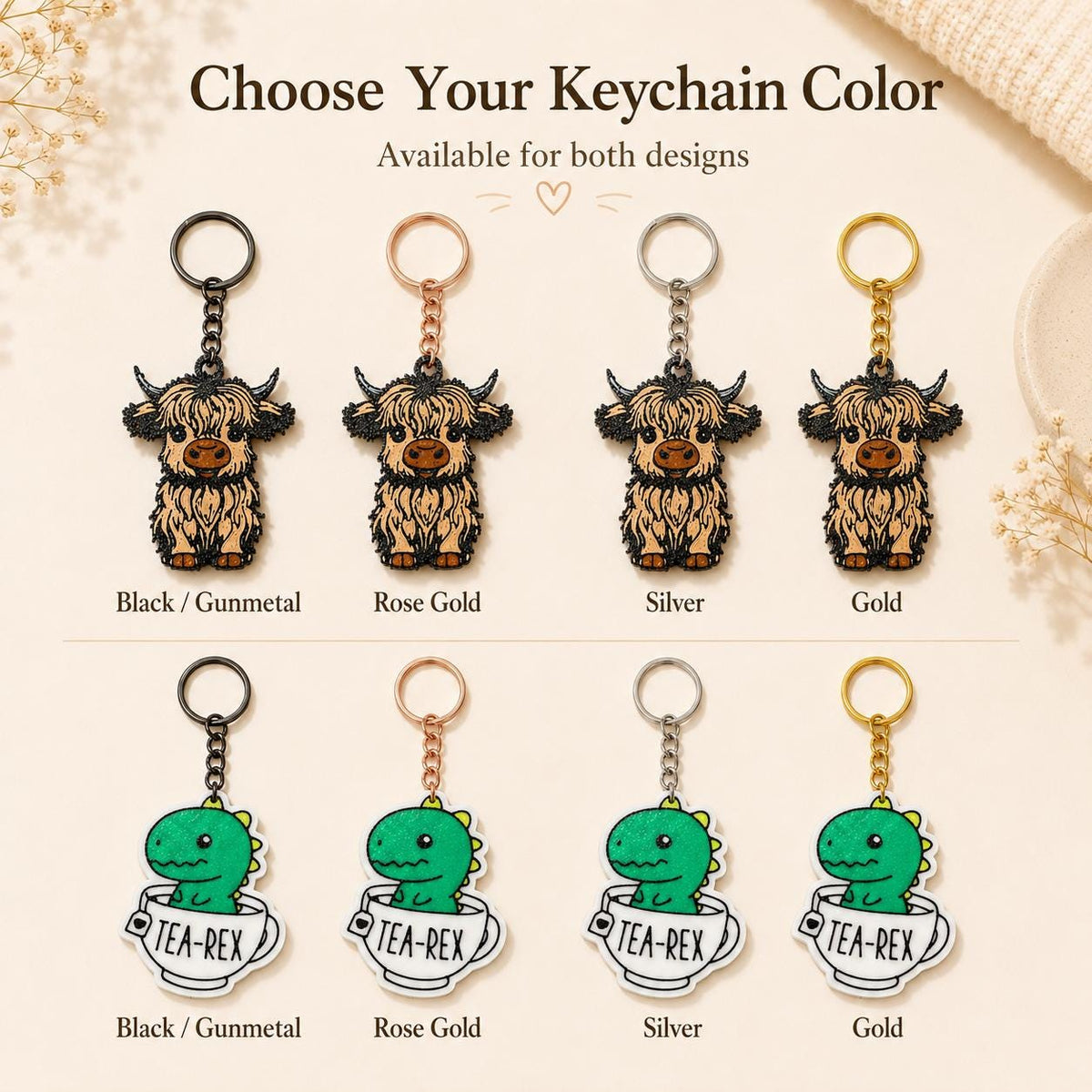 Highland Cow Tea-Rex Keychain – 3D Printed Bag Charm Accessory