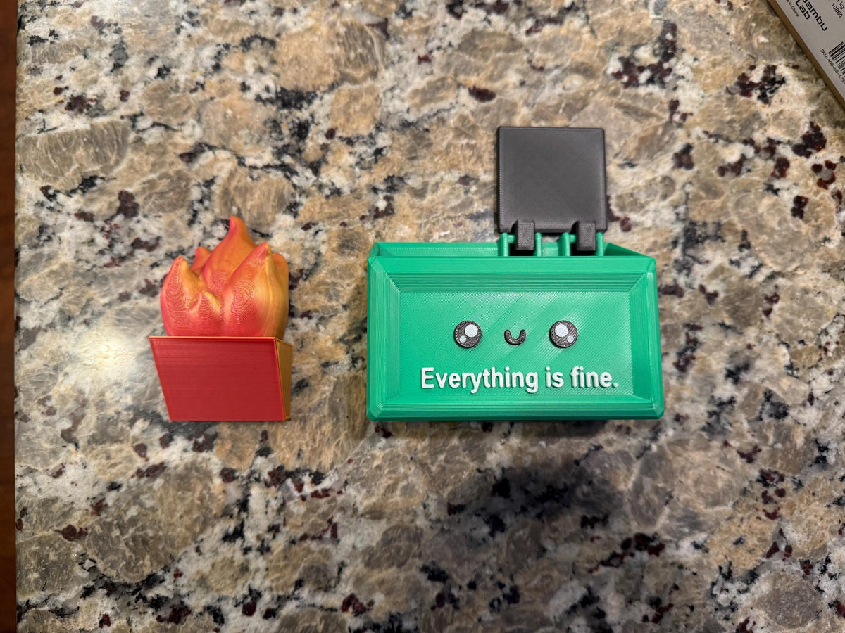 3D Printed Dumpster Fire Desk Toy – Everything Is Fine Office Gift with Storage