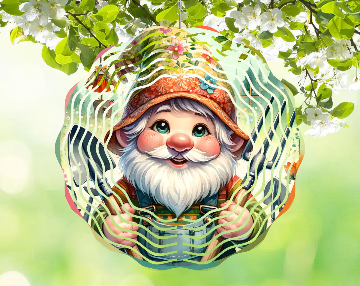 Metal Gnome Wind Spinner – Sublimated Garden Decor, Outdoor Yard Art (8"x8")