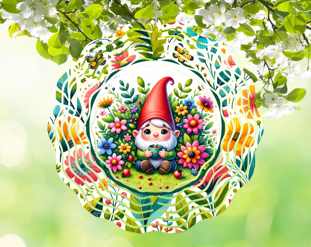 Metal Gnome Wind Spinner – Sublimated Garden Decor, Outdoor Yard Art (8"x8")