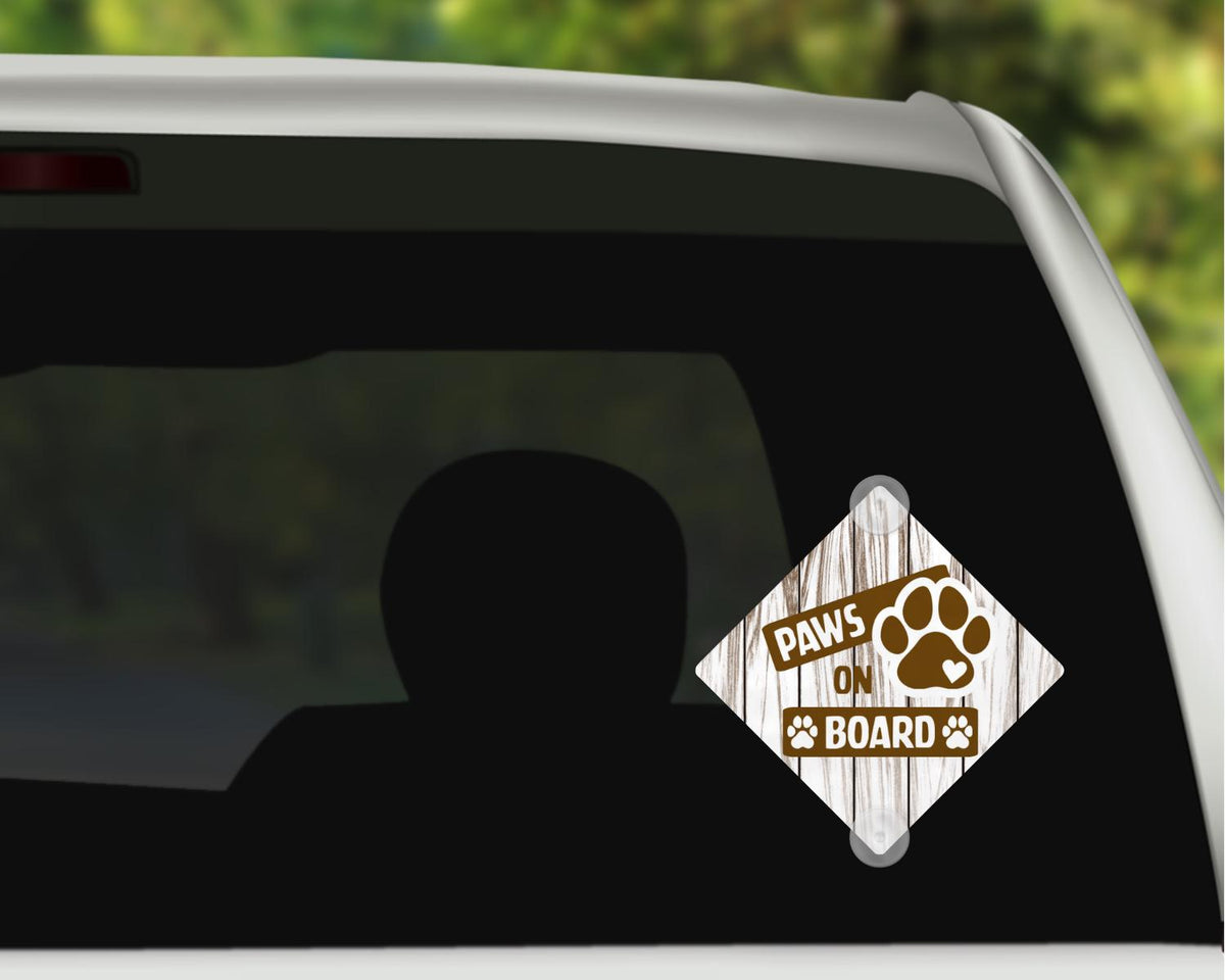 Personalized Metal Car Window Sign – 6x6 Suction Cup Decor (Paws On Board)