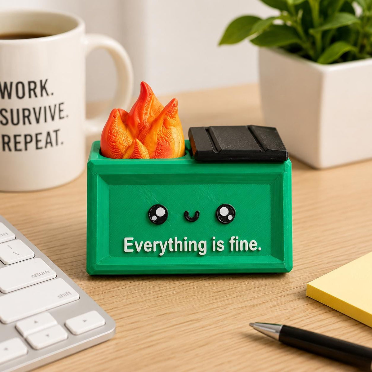 3D Printed Dumpster Fire Desk Toy – Everything Is Fine Office Gift with Storage