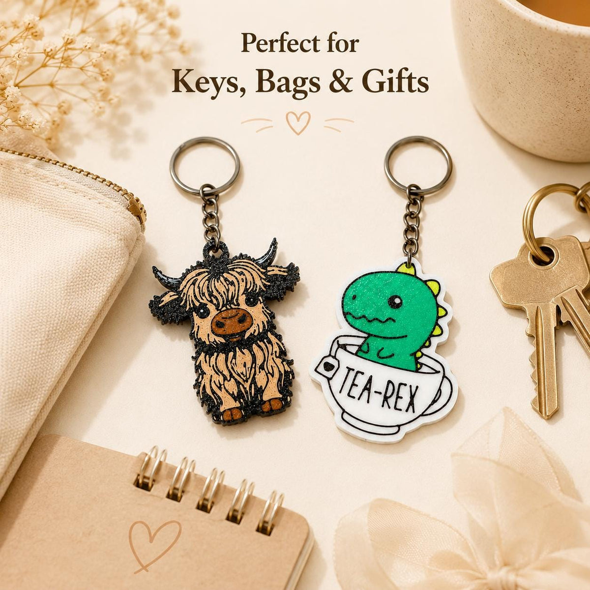 Highland Cow Tea-Rex Keychain – 3D Printed Bag Charm Accessory