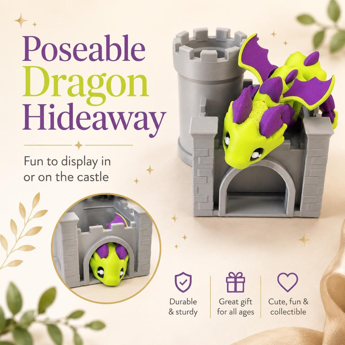 3D Printed Flexi Dragon and Castle Playset – Fantasy Desk Toy Gift