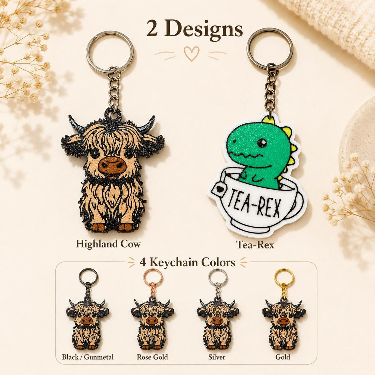 Highland Cow Tea-Rex Keychain – 3D Printed Bag Charm Accessory