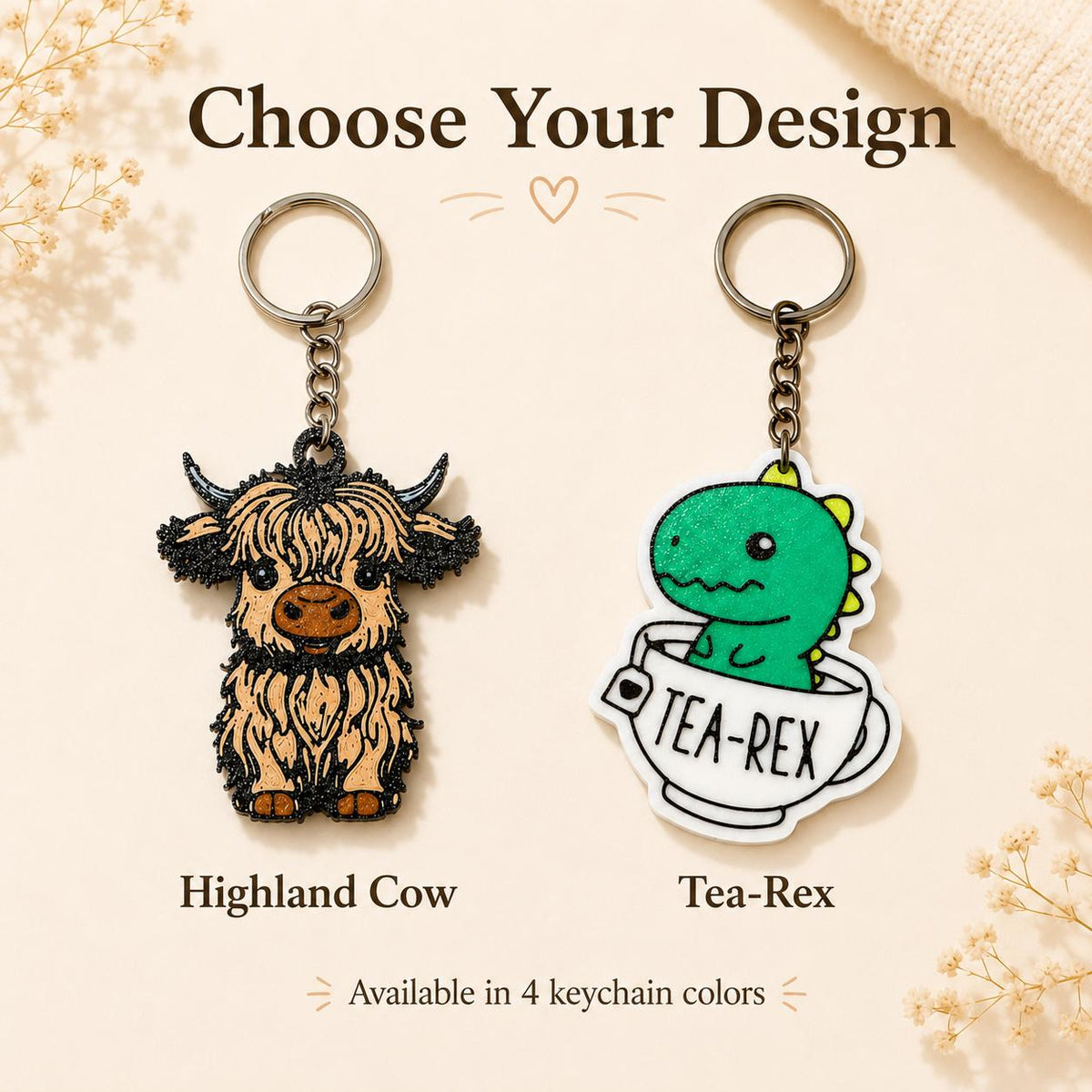 Highland Cow Tea-Rex Keychain – 3D Printed Bag Charm Accessory
