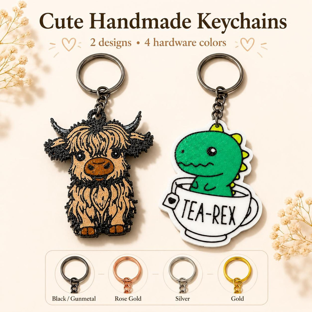 Highland Cow Tea-Rex Keychain – 3D Printed Bag Charm Accessory