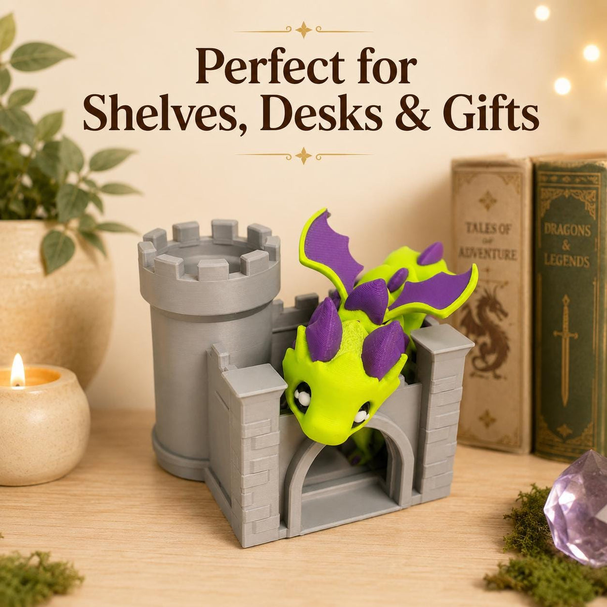 3D Printed Flexi Dragon and Castle Playset – Fantasy Desk Toy Gift