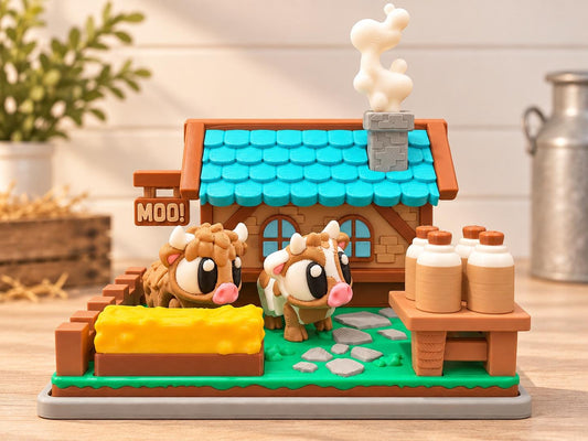 3D printed farmhouse playset with two shaggy cow figures, a brown cottage with turquoise roof and white chimney smoke, yellow hay trough, milk bottles, and a fenced green base.