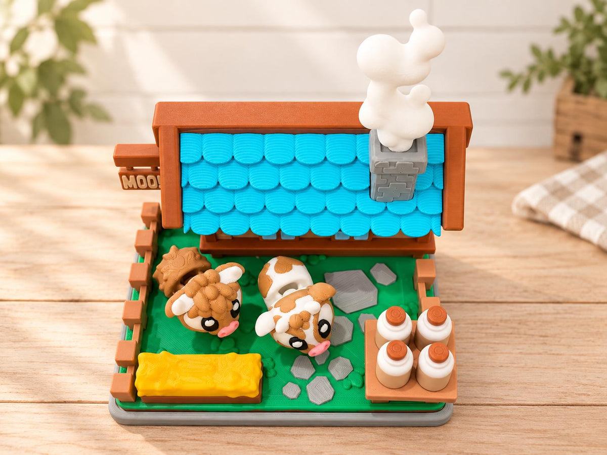 Front view of a miniature farmhouse scene with two large-eyed cow figures, a turquoise roof, MOO sign, yellow hay trough, stone path, and milk bottles on a brown table.